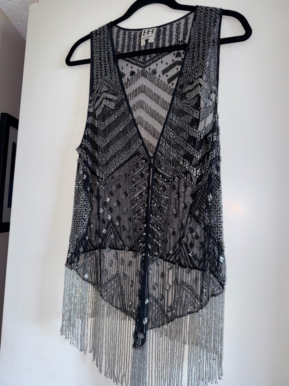 Elegant Haute Hippie Beaded Fringe Vest - Black & Silver Western Sheer